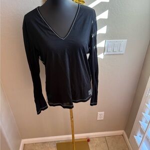 CHANEL Dark Blue Long Sleeve sheer V-Neck Top size 44